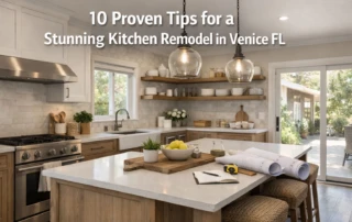 newly remodeled kitchen with wood toes and white featuring text that says: 10 Proven Tips for a Stunning Kitchen Remodel in Venice FL
