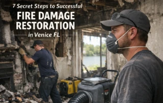 Venice FL home damaged by smoke and fire with a fire restoration specialist examining it featuring this text: 7 Secret Steps to Successful Fire Damage Restoration in Venice FL