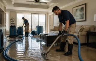 Professional technicians performing emergency water removal from a flooded interior living space in Sarasota, FL, using industrial extraction equipment.
