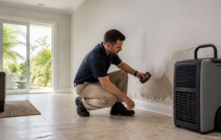 Restoration technician inspecting a damp interior wall beside dehumidification equipment in a Sarasota, Florida home during August humidity during mold remediation Sarasota FL .