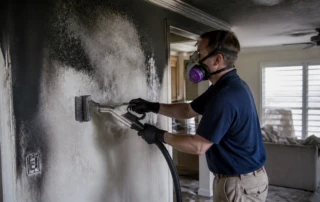 home restoration professional removingsootand smoke from a wall during a fire damage restoration project.