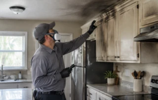 fire damage repair Sarasota: restoration professional inspecting smoke-stained walls in a home
