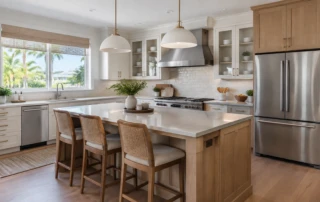 kitchen remodel sarasota fl featuring a finished, professionally remodeled kitchen with natural light, neutral cabinetry, and a functional island